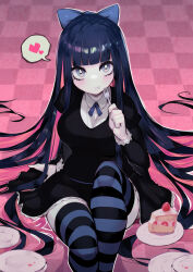 Rule 34 | 1girl, black dress, blue bow, blue ribbon, blunt bangs, bow, breasts, cake, collared shirt, commentary, dress, english commentary, food, fork, hair bow, highres, holding, holding fork, large breasts, long hair, multicolored hair, neck ribbon, panty &amp; stocking with garterbelt, parororo, pink hair, plate, purple hair, ribbon, shirt, solo, stocking (psg), strawberry shortcake, striped clothes, striped thighhighs, thighhighs, tile floor, tiles, two-tone hair, white shirt