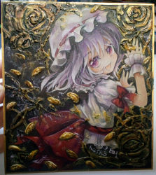 Rule 34 | 1girl, commentary request, dress, fang, hat, hat ribbon, looking at viewer, mob cap, mosho, open mouth, painting (medium), painting (object), photo (medium), pink eyes, puffy short sleeves, puffy sleeves, remilia scarlet, ribbon, sash, shikishi, short sleeves, silver hair, smile, solo, touhou, traditional media, watercolor (medium), white dress, wrist cuffs