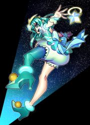 Rule 34 | 1girl, :d, back bow, blue bow, blue eyes, blue footwear, blue hair, blue legwear, blue theme, bow, bubble skirt, cure milky, full body, hagoromo lala, hair ornament, hairband, kneepits, looking at viewer, looking back, magical girl, open mouth, outstretched arms, outstretched hand, precure, puffy sleeves, see-through, see-through sleeves, senmu (0107), shoes, shooting star hair ornament, short hair, single leg pantyhose, skirt, sky, smile, solo, spread arms, star-shaped pupils, star (sky), star (symbol), star hair ornament, star twinkle precure, starry sky, symbol-shaped pupils, wrist cuffs, yellow hairband
