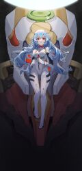 Rule 34 | 1girl, absurdres, ayanami rei, blue hair, bodysuit, breasts, commentary request, full body, glowing, glowing halo, halo, highres, interface headset, long hair, looking at viewer, looking down, medium breasts, neon genesis evangelion, open mouth, plugsuit, red eyes, sentter, solo, white bodysuit