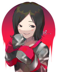 Rule 34 | 1girl, bad id, bad pixiv id, black hair, brown eyes, collarbone, cropped torso, grey shirt, hands up, highres, kayanogura, long sleeves, looking at viewer, original, parted bangs, parted lips, red background, shirt, sleeves past fingers, sleeves past wrists, smile, solo, teeth, two-tone background, upper body, upper teeth only, white background