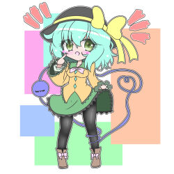 Rule 34 | 1girl, aqua hair, black hat, black pantyhose, blouse, blush, boots, bow, breasts, brown footwear, buttons, chibi, clothes lift, diamond button, eyeball, frilled shirt collar, frilled skirt, frilled sleeves, frills, green eyes, green skirt, hand up, hat, hat bow, hat ribbon, heart, heart of string, highres, komeiji koishi, long sleeves, looking at viewer, medium breasts, medium hair, open mouth, pantyhose, ribbon, shippuu (sippu01), shirt, skirt, skirt lift, smile, solo, third eye, touhou, wavy hair, white background, wide sleeves, yellow bow, yellow ribbon, yellow shirt