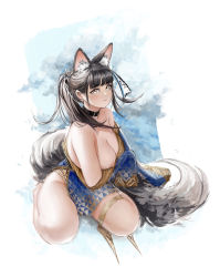 Rule 34 | 1girl, animal ear fluff, animal ears, azelweien, bare shoulders, black hair, blue dress, breasts, breasts out, brown eyes, cat ears, cat girl, cat tail, choker, closed mouth, commentary, dress, english commentary, gold trim, highres, large breasts, long hair, looking at viewer, nipples, no bra, original, solo, tail, thigh strap, traditional media