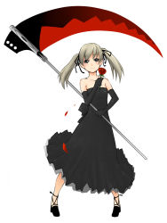 Rule 34 | 1girl, black dress, blush, brown hair, closed mouth, commentary request, dress, gloves, green eyes, highres, looking at viewer, maka albarn, no socks, sakushin, scythe, simple background, smile, solo, soul eater, twintails, weapon, white background