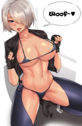 Rule 34 | absurdres, angel (kof), blue eyes, boots, bra, breasts, cameltoe, chaps, clyde s, cowboy boots, cropped jacket, fingerless gloves, gloves, hair over one eye, highres, jacket, kneeling, large breasts, leather, leather jacket, paw pose, simple background, snk, solo, strapless, strapless bra, the king of fighters, the king of fighters xiv, toned, tongue, tongue out, underwear, white hair, woof