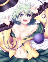 Rule 34 | 1girl, :d, absurdres, armpits, bare shoulders, bed sheet, black hat, blush, breasts, cleavage, closed eyes, clothes pull, collarbone, green eyes, green hair, green skirt, groin, hair between eyes, hand on own head, hands up, hat, hat ribbon, heart, heart-shaped pupils, heart of string, highres, komeiji koishi, looking at viewer, lying, navel, off shoulder, on back, on bed, open clothes, open mouth, open shirt, ribbon, ribbon-trimmed shirt, ribbon-trimmed sleeves, ribbon trim, sheet grab, shirt, shirt pull, skirt, small breasts, smile, solo, sotomichi, symbol-shaped pupils, teeth, third eye, touhou, unworn hat, unworn headwear, upper teeth only, wide sleeves, yellow ribbon, yellow shirt