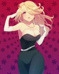 Rule 34 | 1girl, belt, black dress, blonde hair, breasts, cleavage, dress, earrings, elbow gloves, gloves, hair over one eye, highres, jewelry, long hair, looking at viewer, medium breasts, mole, mole under mouth, mother (game), mother 2, necklace, nintendo, purple eyes, shifumame, solo, venus (mother), white gloves