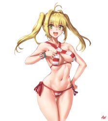 Rule 34 | 1girl, :d, alternate hairstyle, athenawyrm, bikini, blonde hair, blush, breasts, cowboy shot, earrings, fate/grand order, fate (series), gluteal fold, green eyes, hair intakes, halterneck, hand on own chest, hand on own hip, hip focus, jewelry, long hair, looking at viewer, medium breasts, navel, nero claudius (fate), nero claudius (fate) (all), nero claudius (swimsuit) (fate), nero claudius (swimsuit caster) (fate), open mouth, side-tie bikini bottom, smile, solo, striped bikini, striped clothes, swimsuit, thigh gap, twintails, white background