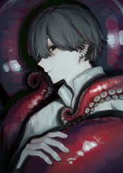 Rule 34 | 1boy, black eyes, black hair, chainsaw man, closed mouth, earrings, highres, hiiragi hiiro, jewelry, looking at viewer, mole, mole under mouth, red theme, shirt, short hair, smile, solo, tentacles, upper body, yoshida hirofumi