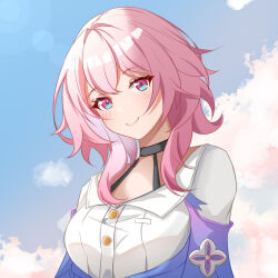 Rule 34 | 1girl, black choker, blue eyes, blue jacket, blue sky, breasts, bu weizhuang, buttons, choker, closed mouth, cloud, cloudy sky, earrings, hair between eyes, honkai: star rail, honkai (series), jacket, jewelry, long sleeves, looking at viewer, march 7th (honkai: star rail), medium breasts, medium hair, pink eyes, pink hair, shirt, skirt, sky, smile, solo, two-tone eyes, upper body, white shirt