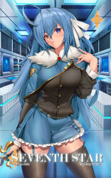 Rule 34 | 1girl, absurdres, ahoge, belt, black belt, black shirt, black thighhighs, blue eyes, blue hair, blue skirt, breasts, cover, cover page, cowboy shot, frilled skirt, frills, fur collar, garter straps, hair between eyes, hair ribbon, heterochromia, highres, large breasts, long hair, novel cover, red eyes, ribbon, second-party source, seventh star, shirt, skirt, solo, thighhighs, tony guisado, victoria alcyone, white ribbon