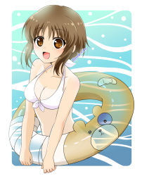 Rule 34 | 10s, 1girl, :d, bandages, bandaid, bikini, boko (girls und panzer), breasts, brown eyes, brown hair, cleavage, commentary, front-tie bikini top, front-tie top, girls und panzer, highres, holding, holding swim ring, innertube, looking at viewer, medium breasts, nishizumi miho, ocean, open mouth, parda siko, short hair, smile, solo, standing, swim ring, swimsuit, twitter username, upper body, wading, white bikini