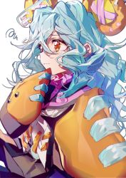 Rule 34 | 1girl, animal ears, bear ears, blue hair, blush, closed mouth, earrings, from side, hair between eyes, highres, jacket, jewelry, light blue hair, long hair, original, pink sailor collar, sailor collar, scribble, solo, tareme, upper body, wata (attaka towel), wavy mouth, yellow eyes, yellow jacket