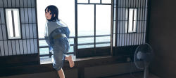 Rule 34 | 1girl, barefoot, bath yukata, black hair, blue eyes, cable, commentary request, electric fan, indoors, japanese clothes, kimono, long hair, looking at viewer, looking back, morifumi, open mouth, original, ryokan, smile, soles, solo, towel, yukata