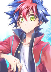 Rule 34 | 1boy, black jacket, blue hair, buttons, cygames, expressionless, green eyes, hand on own knee, jacket, looking at viewer, male focus, open clothes, open jacket, red hair, red jacket, shadowverse, shadowverse (anime), shadowverse flame, shide13102, shirt, spiked hair, tenryu light (shadowverse flame), white shirt, wrinkled fabric