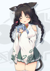 Rule 34 | 1girl, :3, :d, ^ ^, anchor hair ornament, animal ear fluff, animal ears, asashio (azur lane), azur lane, bell, black hair, blush, braid, breasts, cat ears, cat girl, cat tail, character doll, choker, closed eyes, commentary request, crown braid, detached sleeves, doll, green skirt, hair ornament, heart, holding, holding doll, japanese clothes, jingle bell, kimono, large breasts, long hair, long sleeves, low twintails, md5 mismatch, neck bell, nekono rin, ooshio (azur lane), open mouth, parted bangs, pleated skirt, red choker, resolution mismatch, skindentation, skirt, sleeveless, sleeveless kimono, sleeves past wrists, smile, solo, source larger, tail, thighhighs, twin braids, twintails, very long hair, white kimono, white sleeves, white thighhighs, wide sleeves