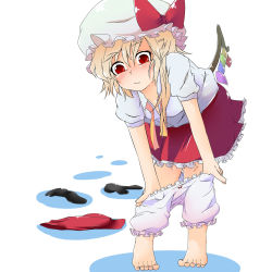 Rule 34 | 1girl, ascot, bacho, barefoot, bent over, blonde hair, bloomers, bloomers pull, blush, feet, female focus, flandre scarlet, hat, hat ribbon, red eyes, ribbon, side ponytail, skirt, slit pupils, socks, solo, toenails, toes, touhou, underwear, undressing, wings
