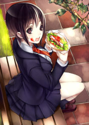 Rule 34 | 1girl, bench, blazer, branch, breasts, brown eyes, brown hair, eating, falseele, food, food on face, grass, burger, highres, large breasts, loafers, looking at viewer, necktie, original, school uniform, shoes, short hair, sitting, skirt, socks, solo