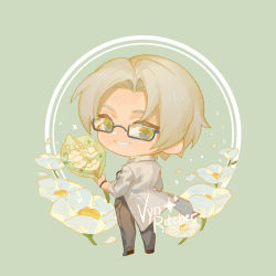 Rule 34 | 1boy, :d, bouquet, brown pants, brown vest, character name, chibi, cwilocky, flower, glasses, green background, grin, holding, holding bouquet, lab coat, long sleeves, looking at viewer, male focus, open mouth, pants, short hair, simple background, sleeves rolled up, smile, solo, tears of themis, teeth, vest, vyn richter (tears of themis), white flower, white hair, yellow eyes