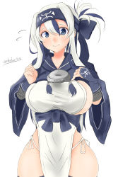 Rule 34 | 10s, 1girl, ainu clothes, blue eyes, breasts, cowboy shot, cropped jacket, facing viewer, folded ponytail, fundoshi, headband, highres, japanese clothes, kamoi (kancolle), kantai collection, large breasts, long hair, looking at viewer, oputon, pelvic curtain, sidelocks, simple background, solo, thick eyebrows, thighhighs, white background, white hair, wrist guards