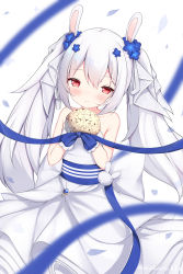 Rule 34 | 1girl, animal ears, azur lane, bare shoulders, blurry, bouquet, bow, collarbone, commentary request, depth of field, dress, fake animal ears, flower, gloves, hair between eyes, hair bow, hair flower, hair ornament, hair ribbon, highres, holding, holding bouquet, irokari, laffey (azur lane), laffey (white rabbit&#039;s oath) (azur lane), long hair, looking at viewer, official alternate costume, petals, rabbit ears, red eyes, ribbon, sidelocks, simple background, smile, solo, strapless, strapless dress, wedding dress, white background, white dress, white gloves, white hair
