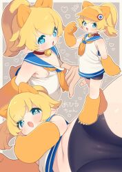 Rule 34 | 1girl, 1other, ahiru-chan (croixsan), animal ears, animal hands, bad id, bad misskey.io id, bell, belt collar, bike shorts, black shorts, blonde hair, blue eyes, blue sailor collar, blush, cameltoe, cleft of venus, collar, commission, disembodied hand, dress, fang, flat chest, gloves, heart, highres, jingle bell, medium hair, mizuno uchi, multiple views, navel, neck bell, neckerchief, nipples, notice lines, open mouth, orange headwear, orange neckerchief, original, paw gloves, pointy ears, ponytail, red collar, sailor collar, sailor dress, short shorts, shorts, skeb commission, sleeveless, sleeveless dress, visor cap, webp-to-png conversion, white dress, yellow headwear