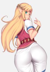 Rule 34 | 1girl, ass, aster crowley, blonde hair, dress, earrings, from behind, green eyes, highres, jewelry, long hair, looking at viewer, looking back, meme, nintendo, pink background, pointy ears, princess zelda, simple background, solo, super smash bros., the legend of zelda, the legend of zelda: a link between worlds, thighs, tight clothes, tight dress, wedgie, white dress, wide hips