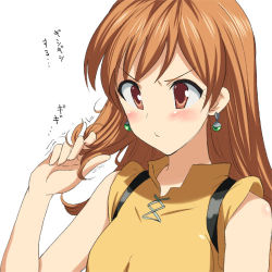 1girl alena_(dq4) angry bare_shoulders blush breasts curly_hair dragon_quest dragon_quest_iv earrings female_focus hyakuen_raitaa jewelry long_hair lowres medium_breasts orange_hair pout red_eyes solo upper_body