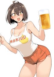 Rule 34 | 1girl, ahoge, alcohol, alternate costume, azur lane, baltimore (azur lane), bare shoulders, beer, beer mug, blush, breasts, brown hair, cleavage, clothes lift, collarbone, cup, hair between eyes, halcon, highres, hooters, large breasts, looking at viewer, mug, open mouth, orange shorts, shirt lift, short hair, short shorts, shorts, simple background, smile, solo, tank top, thighs, white background, white tank top, yellow eyes