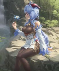 Rule 34 | ahoge, bare shoulders, bell, black pantyhose, blue flower, blue hair, breasts, chinese knot, covered navel, detached sleeves, flower, flower knot, ganyu (genshin impact), genshin impact, glaze lily, gold trim, highres, holding, holding flower, horns, long hair, looking at another, looking to the side, medium breasts, neck bell, no gloves, outdoors, pantyhose, purple eyes, red rope, rock, rope, sidelocks, sitting, sitting on rock, solo, stormstx, thighlet, vision (genshin impact), water, waterfall, white sleeves