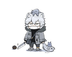 Rule 34 | 1boy, animal, animal ear fluff, animal ears, animal on head, arknights, bag, bear boy, bear ears, black shirt, commentary request, fish, fur-trimmed jacket, fur trim, grey hair, grey jacket, grey pants, holding, holding animal, holding fish, holding knife, jacket, jaye (arknights), knife, looking up, male focus, mask, mouth mask, octopus, on head, pants, sea urchin, shirt, short hair, solo, soppos, sparkle, surgical mask, yellow eyes
