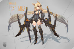 Rule 34 | 1girl, :/, animal ears, armor, armored boots, blonde hair, blue eyes, bobo (6630978), boots, breasts, character name, cleavage, covered navel, emblem, floating hair, full body, g41 (girls&#039; frontline), girls&#039; frontline, grey background, hair between eyes, heterochromia, highres, long hair, looking at viewer, low twintails, machinery, medium breasts, red eyes, silhouette, solo, standing, thighhighs, twintails, v-shaped eyebrows, very long hair, white thighhighs