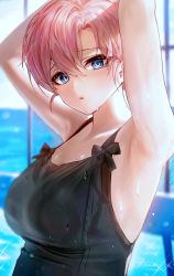 Rule 34 | 1girl, absurdres, armpits, arms up, bare shoulders, black dress, blue eyes, breasts, collarbone, day, dress, highres, indoors, large breasts, looking at viewer, mole, mole above eye, mole on breast, one eye closed, original, parted lips, pink hair, polla, short hair, sleeveless, sleeveless dress, solo, sparkle, upper body, wet, wet clothes, wet dress
