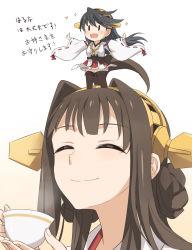 Rule 34 | 10s, 2girls, :d, ^ ^, bad id, bad pixiv id, bare shoulders, black hair, blush, boots, brown eyes, brown hair, chibi, closed eyes, cup, detached sleeves, hairband, haruna (kancolle), highres, japanese clothes, kantai collection, kisetsu, kongou (kancolle), long hair, mini person, minigirl, multiple girls, nontraditional miko, open mouth, outstretched arms, ribbon-trimmed sleeves, ribbon trim, skirt, smile, sparkle, spread arms, standing on another&#039;s head, steam, teacup, thigh boots, thighhighs, translated, zettai ryouiki, | |