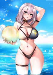Rule 34 | 1girl, absurdres, arm strap, arm up, azumane kanna, ball, bare shoulders, beachball, bikini, blush, braid, breasts, cleavage, commentary request, day, green eyes, grey hair, hair between eyes, highres, holding, holding ball, holding beachball, hololive, horizon, large breasts, looking at viewer, medium hair, navel, ocean, outdoors, shirogane noel, shirogane noel (summer 2020), skindentation, smile, solo, stomach, swimsuit, thick thighs, thighs, virtual youtuber, wading, wide hips