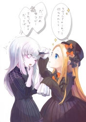 Rule 34 | 241 (nishiki), 2girls, abigail williams (fate), bad id, bad pixiv id, bags under eyes, black bow, black dress, black hat, blonde hair, blue eyes, blush, bow, commentary request, dress, fate/grand order, fate (series), hair bow, hat, horn grab, horns, lavinia whateley (fate), long hair, long sleeves, looking at another, multiple girls, orange bow, pale skin, parted lips, pink eyes, polka dot, polka dot bow, simple background, single horn, sleeves past wrists, sparkle, translation request, very long hair, white background, white hair, wide-eyed