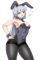 Rule 34 | 1girl, animal ears, armpits, bad id, bad twitter id, bare shoulders, between breasts, black leotard, black necktie, black pantyhose, blunt bangs, blush, breasts, brown eyes, cleavage, commentary request, covered navel, cowboy shot, detached collar, fake animal ears, hair ribbon, half-closed eyes, hand on own hip, headgear, heart, highres, jito mesuki nitouhei, kantai collection, leotard, long hair, looking at viewer, medium breasts, murakumo (kancolle), murakumo kai ni (kancolle), necktie, open mouth, pantyhose, playboy bunny, rabbit ears, ribbon, round teeth, sidelocks, silver hair, simple background, solo, standing, strapless, strapless leotard, teeth, thighband pantyhose, thighs, tress ribbon, very long hair, white background, wide hips, wrist cuffs