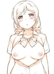 Rule 34 | 1girl, :o, blush, bow, bowtie, breasts, breasts out, choker, collarbone, collared shirt, duke (inu daimyou), hair ornament, hair scrunchie, long hair, looking at viewer, love live!, love live! school idol project, medium breasts, nipples, otonokizaka school uniform, partially colored, partially unbuttoned, school uniform, scrunchie, shirt, short sleeves, solo, tojo nozomi, twintails, upper body