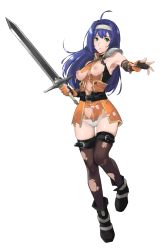 Rule 34 | +nintendo, 1girl, absurdres, ahoge, belt, blue hair, boots, closed mouth, dress, fingerless gloves, fire emblem, fire emblem: path of radiance, fire emblem: radiant dawn, full body, gloves, green eyes, hairband, highres, holding, holding sword, holding weapon, j@ck, long hair, mia (fire emblem), nintendo, short dress, simple background, solo, sword, weapon, white background, white hairband