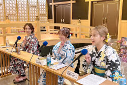 Rule 34 | 3girls, highres, indoors, japanese clothes, kimono, komiya arisa, multiple girls, photo (medium), saito shuka, sitting, takatsuki kanako, voice actor