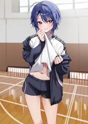 Rule 34 | 1girl, absurdres, ahoge, blue hair, blue jacket, blue shorts, blush, chigusa minori, commentary request, cowboy shot, hair between eyes, hair ornament, hairclip, highres, himeno akira, indoors, jacket, jitsuha imouto deshita., long hair, long sleeves, looking at viewer, midriff, navel, off shoulder, official art, open clothes, open jacket, parted lips, purple eyes, shirt, short hair, shorts, sleeves past wrists, solo, sweat, white shirt, wiping sweat