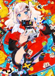 Rule 34 | 1girl, black footwear, black skirt, blue eyes, blue nails, blush, boots, cellphone, character name, commentary request, fingernails, grin, hair ornament, hair ribbon, hairclip, highres, holding, holding phone, kaguya luna, long sleeves, looking at viewer, lying, mika pikazo, multicolored nails, nail polish, on back, phone, puffy long sleeves, puffy sleeves, red nails, red thighhighs, ribbon, shirt, skirt, smile, solo, the moon studio, thighhighs, thighhighs under boots, twintails, v, virtual youtuber, white hair, white nails, white ribbon, white shirt, yellow nails