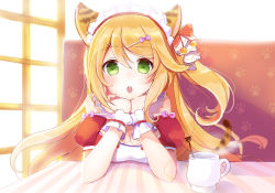 Rule 34 | 1girl, :o, animal ears, blush, breasts, cat ears, cat tail, chinese commentary, cleavage, commentary request, cup, green eyes, hair ornament, hairclip, head rest, looking at viewer, maid headdress, medium breasts, original, paw print, pov across table, puffy short sleeves, puffy sleeves, short sleeves, sibyl, sitting, solo, steam, table, tail, window, wrist cuffs