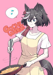 Rule 34 | 1girl, animal ears, apron, black hair, blue eyes, chopsticks, closed mouth, collarbone, commentary request, cooking, cowboy shot, eighth note, food, frying pan, hair between eyes, hair ornament, hi (ibisf5umauma), highres, holding, holding chopsticks, holding frying pan, holding pan, horse ears, horse girl, horse tail, katsuragi ace (umamusume), medium hair, motion lines, multicolored hair, musical note, official alternate costume, omelet, pink background, ponytail, shirt, short sleeves, smile, solo, spoken musical note, stirring, streaked hair, tail, tassel, tassel hair ornament, twitter username, umamusume, v-shaped eyebrows, white hair, white shirt, yellow apron