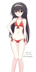 Rule 34 | 10s, 1girl, absurdres, bikini, bikini day, black hair, breasts, brown eyes, closed mouth, dated, front-tie bikini top, front-tie top, girls und panzer, hairband, hand on own hip, highres, light frown, long hair, looking at viewer, moro (like the gale!), navel, red bikini, reizei mako, side-tie bikini bottom, simple background, small breasts, solo, standing, swimsuit, thigh gap, translated, twitter username, white background, white hairband