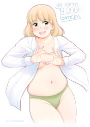 Rule 34 | !, !!, 1girl, artist name, blonde hair, blush, breasts, character request, cloudxmoe, collarbone, commentary request, copyright request, cowboy shot, earrings, green eyes, green panties, heart, heart hands, highres, jewelry, long sleeves, looking at viewer, medium breasts, medium hair, muffin top, navel, no pants, open clothes, open mouth, open shirt, panties, plump, shirt, simple background, smile, solo, spanish commentary, spanish text, teeth, thick thighs, thighs, translated, underwear, upper teeth only, white background, white shirt, wing collar