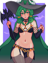 Rule 34 | 1girl, absurdres, breasts, cloak, cowboy shot, garter straps, green cloak, green eyes, green hair, hat, highres, holding, holding staff, long hair, medium breasts, nail polish, navel, pixel art, red nails, small breasts, solo, staff, thighhighs, unicorn overlord, witch hat, yahna (unicorn overlord), yumykon