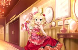Rule 34 | 10s, 1girl, :d, artist request, blonde hair, blush, bow, braid, dress, flower, frills, gloves, green eyes, hair flower, hair ornament, hairband, happy, idolmaster, idolmaster cinderella girls, idolmaster cinderella girls starlight stage, jewelry, looking at viewer, microphone, necklace, official art, open mouth, sakurai momoka, single braid, smile, solo, wavy hair