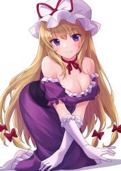 Rule 34 | 1girl, absurdres, bent over, blonde hair, blush, bow, breasts, choker, cleavage, closed mouth, dress, elbow gloves, frilled dress, frilled gloves, frilled sleeves, frills, gloves, hair between eyes, hair bow, hanging breasts, hat, hat ribbon, highres, kneeling, mob cap, no shoes, puffy short sleeves, puffy sleeves, purple dress, purple eyes, purple pupils, ramie (ramie541), red bow, red ribbon, ribbon, ribbon choker, sash, shiny clothes, shiny skin, short sleeves, sidelocks, sideways glance, simple background, smile, solo, touhou, white background, white hat, white legwear, yakumo yukari
