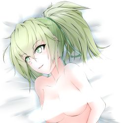 Rule 34 | 1girl, bed, breasts, censored, collarbone, duel monster, green eyes, green hair, long hair, looking away, matching hair/eyes, open mouth, ponytail, ribbon, smile, solo, topless, wynn the wind charmer, yu-gi-oh!